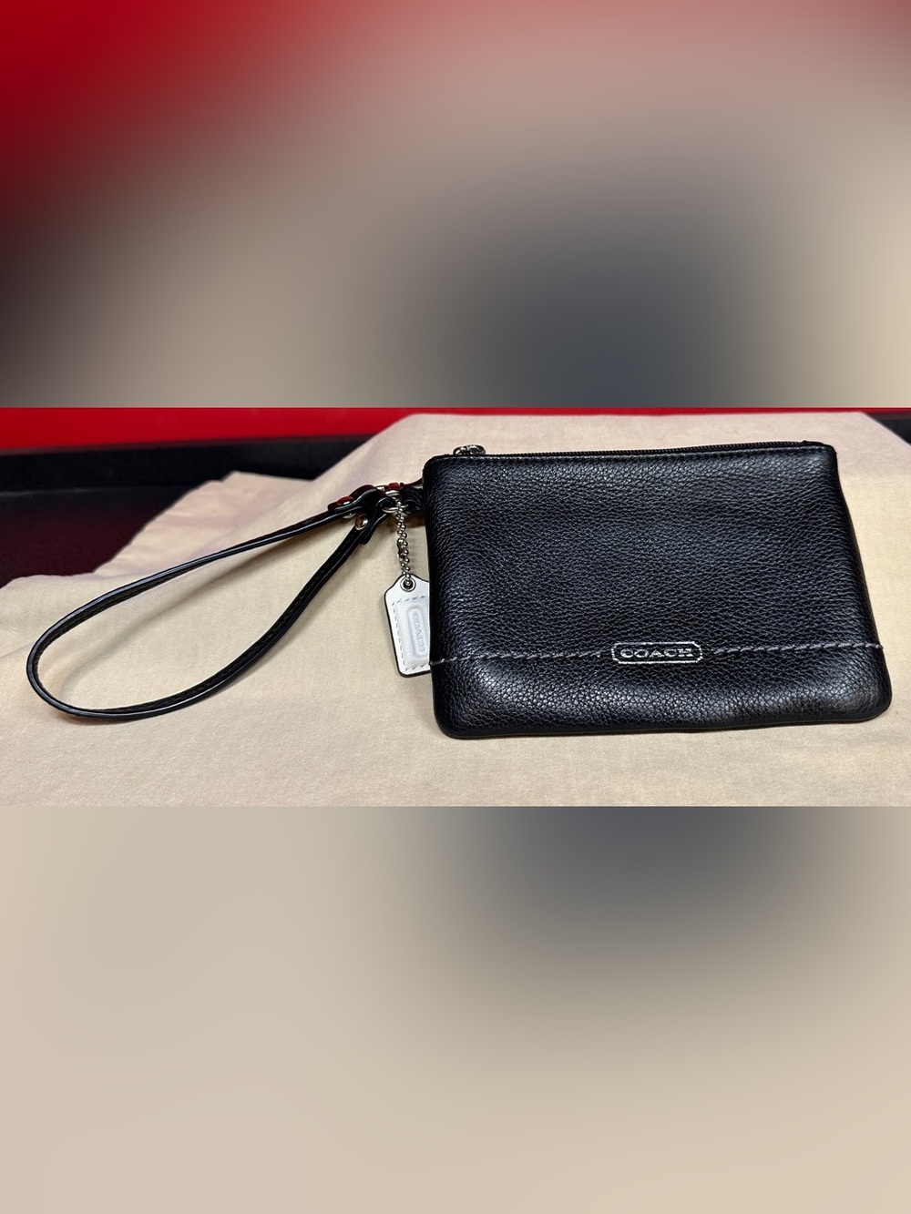Coach Black Leather Wristlet with Gray Stitching & Silver Hardware 4”x 6”